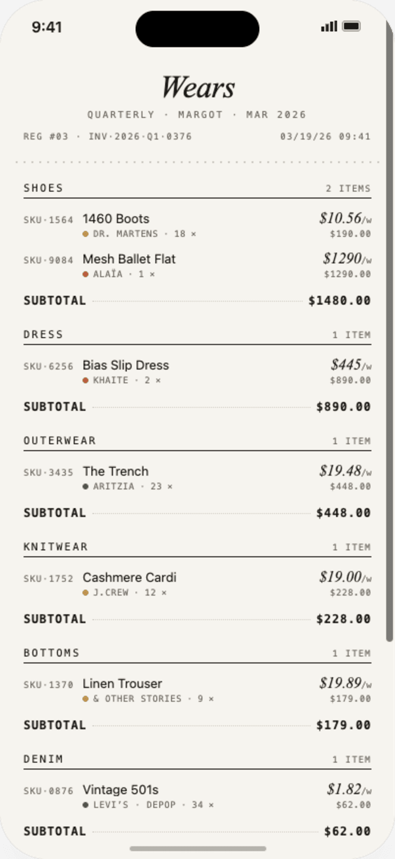 Receipt ledger screen